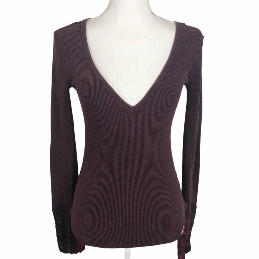 We the free Free People Thermal alpine Knit Henley Small V-neck Plum Women’s Top